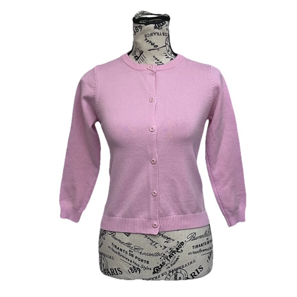 Pink Knit Cardigan Sweater XS 3/4 Sleeve Button Front Soft Girl Coquette Preppy - Picture 2 of 7